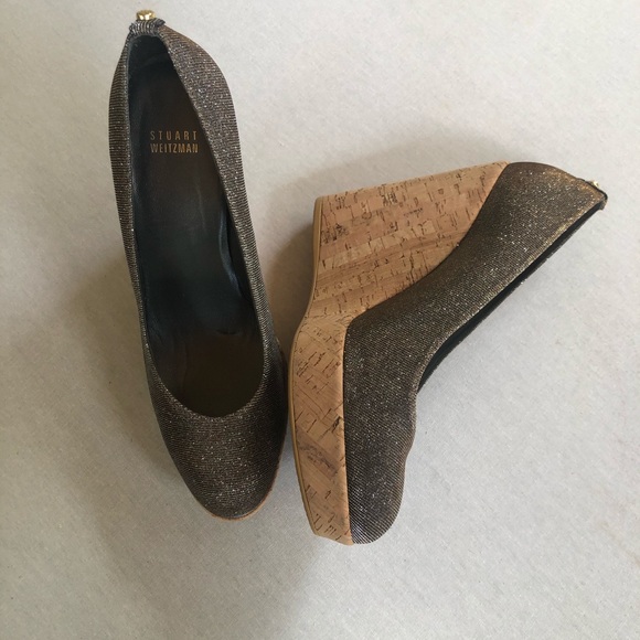 Stuart Weitzman Corkswoon Glitter Wedge Heel 10 - Picture 7 of 8